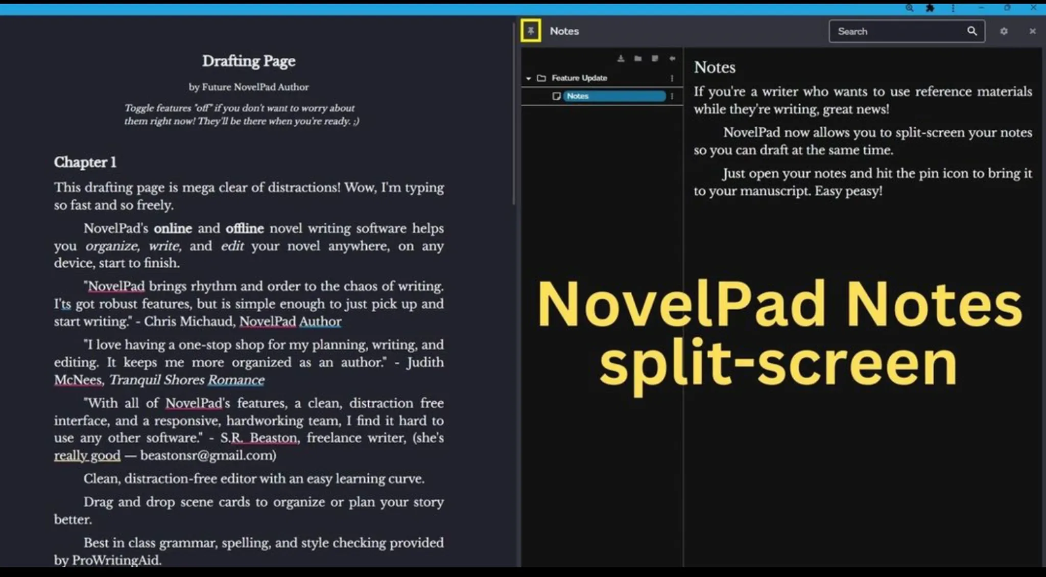 NovelPad Notes split-screen 