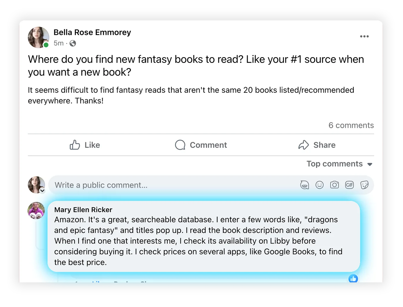 facebook post discussing how to find new fantasy books to read. reply suggesting amazon.