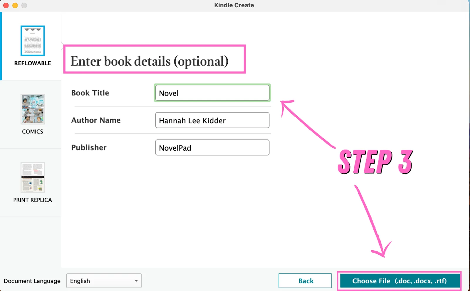 kindle create enter book details and choose file