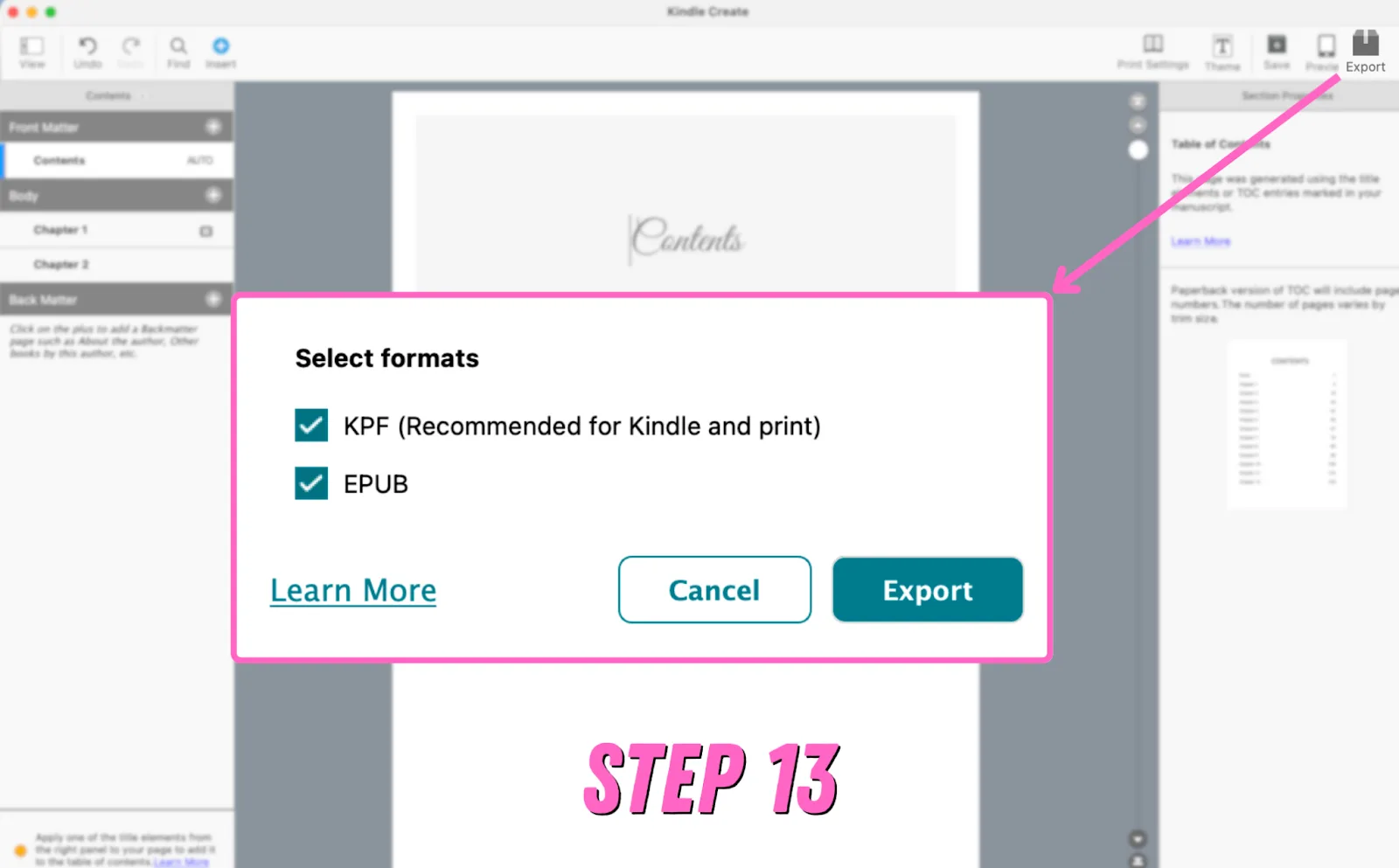 kindle create export as KPF and EPUB
