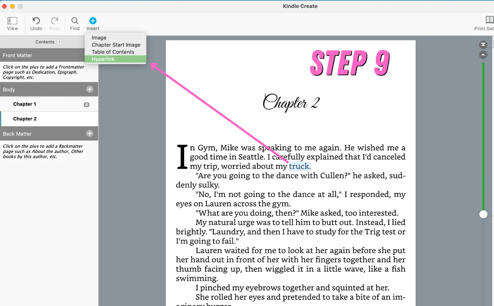 kindle create insert hyperlink