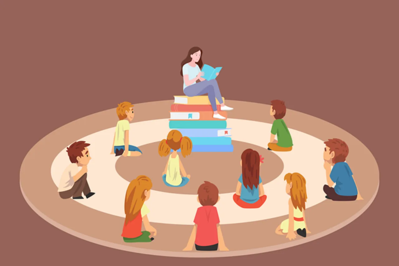 an illustration of a woman reading a book to children sitting in a circle