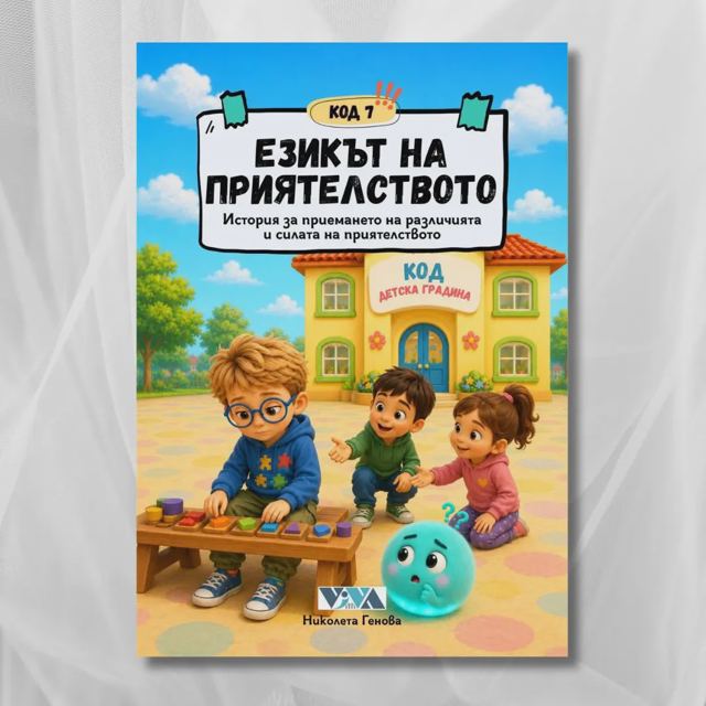 Корица на „Код 7: Езикът на приятелството – История за приемането на различията и силата на приятелството, 28 стр, А5, Поредица: Код детска градина“