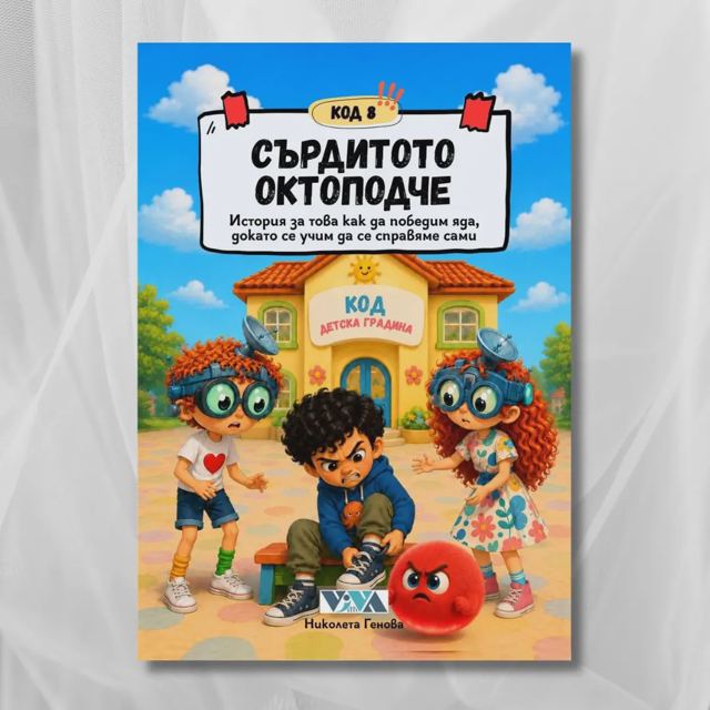 Корица на „Код 8: Сърдитото октоподче – История за това как да победим яда, докато се учим да се справяме сами, 28 стр, А5, Поредица: Код детска градина“