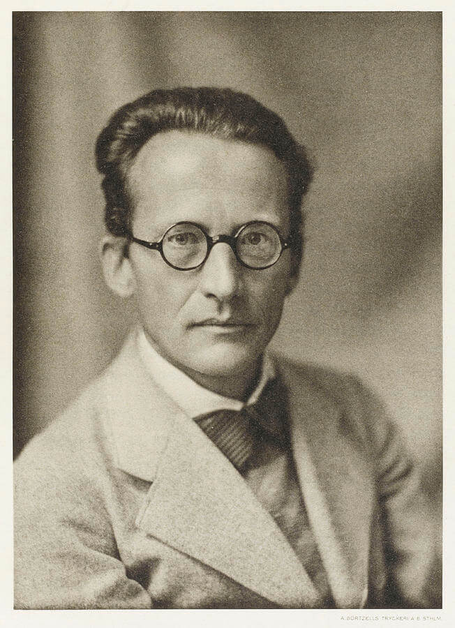 Retrato de Erwin Schrödinger em preto e branco.