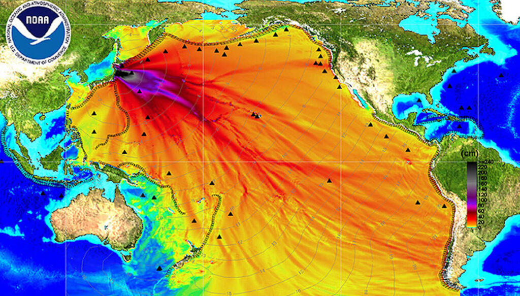 Imagem do satélite NOAA captando os níveis de radiação de Fukushima e sua expansão pelo Oceano Pacífico.