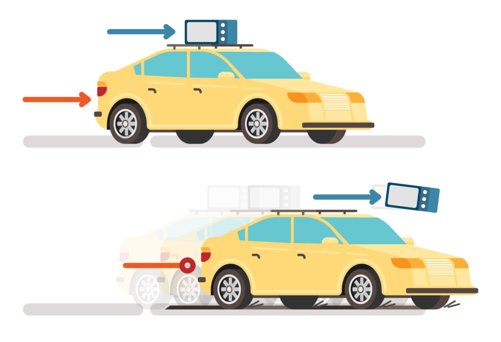 Exemplo de primeira lei de newton:
Na primeira imagem, um carro está se movendo com um forno micro-ondas sobre seu teto.
Na segunda imagem, o carro freia e o forno é atirado para frente. 