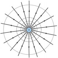 A imagem mostra uma carga elétrica positiva (representada por um sinal de +) com diversas setas saindo, apontando "para fora" dela. Ao seu redor, há diversas circunferências pontilhadas e concêntricas, cujo centro é a própria carga.