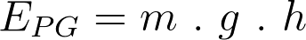 Equação mostra como calculamos a Energia gravitacional de um corpo, sendo: massa do corpo multiplicada pela aceleração gravitacional e pela altura do corpo.