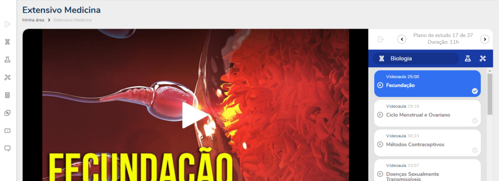Imagem mostra a interface do Extensivo Medicina, curso do Biologia Total, com videoaulas e as áreas das matérias.