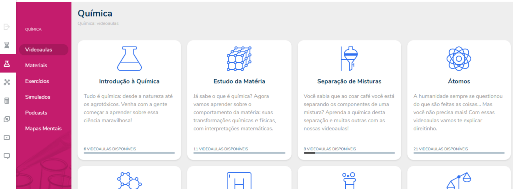 Imagem mostra o menu lateral da área de química dentro da plataforma do Biologia Total.