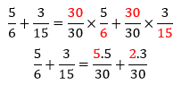 A fração 30 sobre 30 simplificou os denominadores das frações iniciais e resultou na seguinte soma de frações: 5 vezes 5 dividido por 30 + 2 vezes 3 dividido por 30