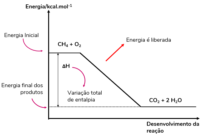Gráfico da variação de entalpia de combustão para um processo exotérmico. 