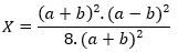 'X' é igual a, abre parênteses, 'a' mais 'b', fecha parênteses, elevado ao quadrado, vezes, abre parênteses, 'a' menos 'b', fecha parênteses, elevado ao quadrado. Tudo isso está sendo dividido por 8 vezes, abre parênteses, 'a' mais 'b', fecha parênteses, elevado ao quadrado.