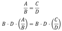 A razão 'A' sobre 'B' é igual a razão 'C' sobre 'D'. Multiplicando os dois lados por 'B' vezes 'D' fica: 'B' vezes 'D' vezes 'A' sobre 'B' = 'B' vezes 'D' vezes 'C' sobre 'D'.