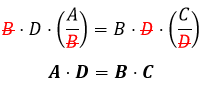 'B' vezes 'D' vezes 'A' sobre 'B' é igual a 'B' vezes 'D' vezes 'C' sobre 'D'. Podemos simplificar 'B' e 'D' nos lados da proporção resultando em: 'A' vezes 'D' é igual a 'B' vezes 'C'.