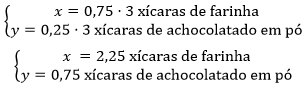 Há dois sistemas de equações na imagem. No primeiro possui duas equações em que a primeira é 'x' é igual a 75 centésimos vezes 3 xícaras de farinha e a segunda é 'y' é igual a 25 centésimos vezes 3 xícaras de achocolatado em pó. No outro sistema também possui duas equações e é a simplificação do primeiro sistema no qual a primeira equação é 'x' é igual a dois mais um quarto de xícaras de farinha e a segunda é 'y' é igual a três quartos de xícaras de achocolatado em pó.