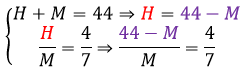 Sistema de equações formado pela equação 'H' mais 'M' é igual a 44, o que implica que 'H' é igual a 44 menos 'M' e 'H' está para 'M', assim como quatro está para sete, o que implica que 44 menos 'M' está para 'M', assim como quatro está para sete.