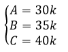 Sistema de equações formado pelas equações 'A' é igual a 30 vezes 'k', 'B' é igual a 35 vezes 'k' e 'C' é igual a 40 vezes 'k'.