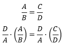 'A' sobre 'B' é igual a 'C' sobre 'D', multiplicando 'D' por 'A' em ambos os lados da igualdade, obtemos: 'D' sobre 'A' vezes 'A' sobre 'B' que é igual a 'D' sobre 'A' vezes 'C' sobre 'D'.