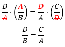 'D' sobre 'A' vezes 'A' sobre 'B' é igual a 'D' sobre 'A' vezes 'C' sobre 'D', é possível simplificar 'A' e 'D' dos dois lados, ficando com apenas 'D' sobre 'B' é igual a 'C' sobre 'A'.