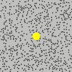 Animação na forma de GIF mostrando  moléculas do dispersante em agitação, que ocasiona no movimento aleatório da partícula dispersa