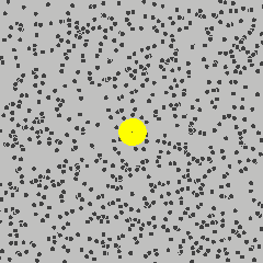Animação na forma de GIF mostrando moléculas do dispersante em agitação, que ocasiona no movimento aleatório da partícula dispersa