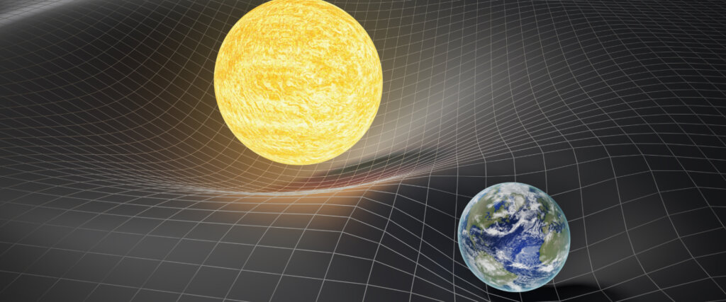 Distorção no espaço-tempo causada por corpos massivos como o Sol e a Terra