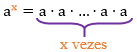 'a' elevado a um expoente 'x' é igual a 'a' vezes 'a' por 'x' vezes.