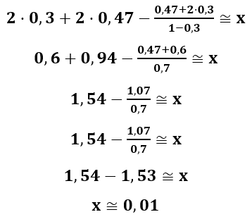 Substituição dos valores de logaritmo de 2 por 3 décimos, logaritmo de 3 por 47 centésimos e logaritmo de 10 por 1. Após isso, simplificar os resultados e chegar no resultado de 'x' é aproximadamente igual a 0,01.