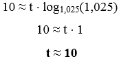 10 é aproximadamente 't' vezes log de 1,025 de base 1,025.
10 é aproximadamente 't' vezes 1.
Tempo de capitalização dos juros compostos é aproximadamente 10.
