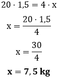 Vinte vezes um vírgula cinco é igual a quatro vezes 'x'.
'x' é igual a vinte vezes um vírgula cinco dividido por quatro.
Dessa forma, 'x' é trinta dividido por quatro.
Portanto, 'x' resulta em sete vírgula cinco quilogramas.