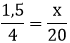 Um vírgula cinco dividido por quatro é igual a 'x' dividido por vinte.