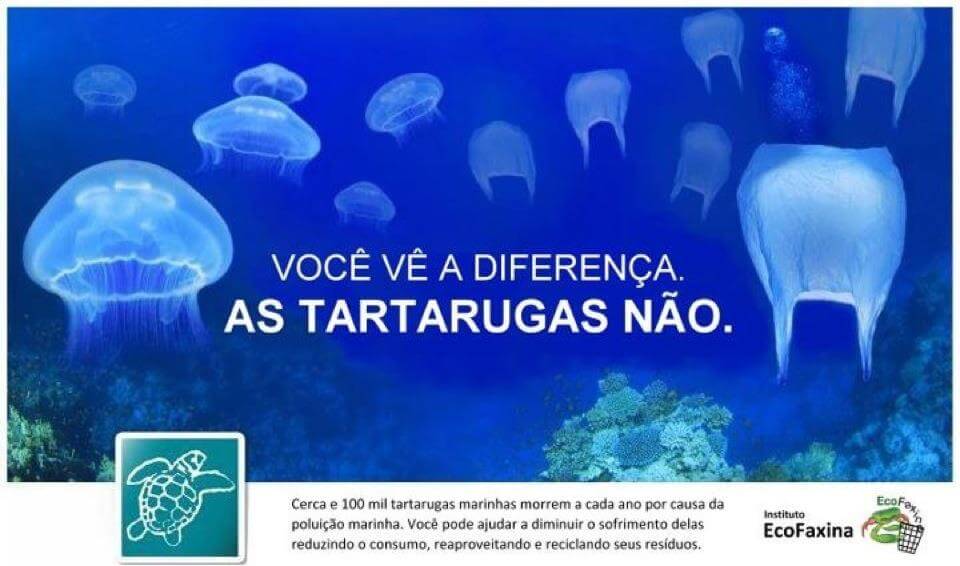 Campanha de conscientização sobre os lixos nos mares e oceanos e o seu impacto na vida dos animais, como por exemplo, as tartarugas que não diferenciam sacos plásticos e águas-vivas.