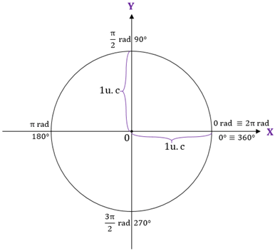 Essa imagem remete a trigonometria do círculo trigonométrico, nela vemos uma circunferência de raio um, com os eixos cartesianos 'X' e 'Y' passando pelo centro dela.