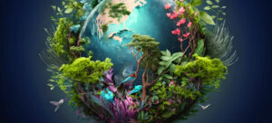 Imagem mostra o globo terrestre com alguns ecossistemas sobre a superfície