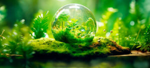 Planta dentro de esfera de vidro em floresta representando a disciplina de biologia na Uerj