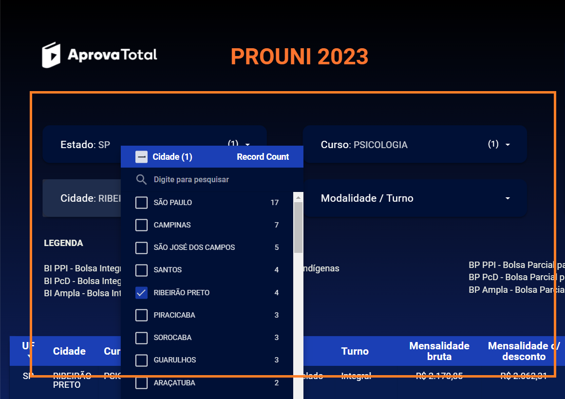 Ferramenta Aprova Total - como saber o valor da bolsa do ProUni