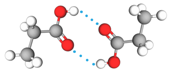 Propriedade dos compostos orgânicos: Interação intermolecular do tipo ligação de hidrogênio ocorrendo entre ácidos carboxílicos.