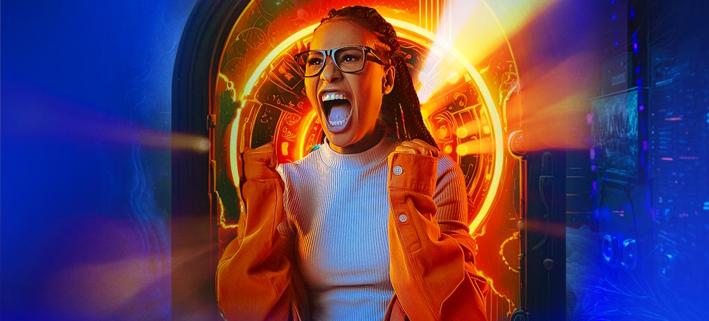 Menina vibrando com temática gamer