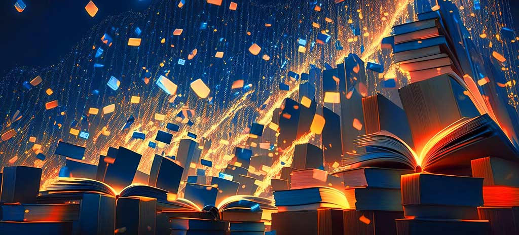 chuva de livros iluminados