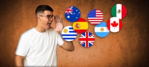 aluno falando e bandeiras de países - espanhol e inglês - lingua estrangeira enem
