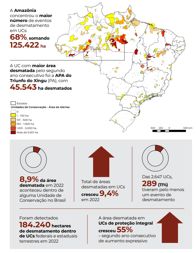 Gráfico do desmatamento no Brasil: o mapa aponta a APA Triunfo do Xingu (PA) como a unidade de conservação com maior área desmatada pelo segundo ano consecutivo. Além disso, o desmatamento em UCs cresceu 9,4% em 2022. 