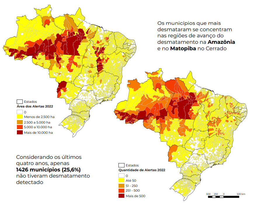 Gráfico do desmatamento no Brasil: apenas 25,6% dos municípios brasileiros não tiveram áreas desmatadas.