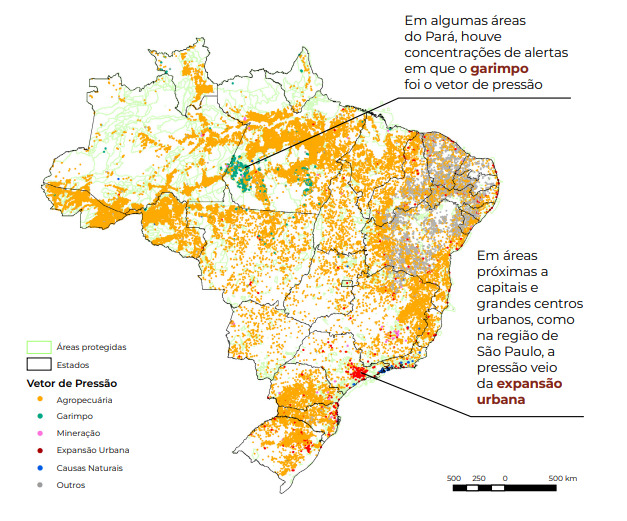 Regiões com desmatamento ligado a agropecuária (em amarelo), que corresponde a 95,7% do total de 2.057.250 ha de supressão de vegetação nativa.