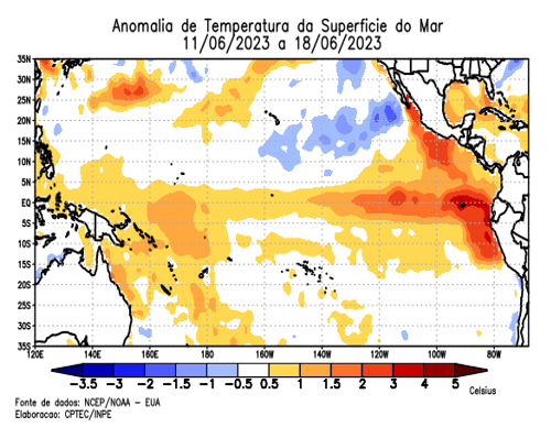 Temperatura alta no mar do oceano pacífico, principalmente na parte oeste da América do Sul