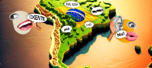 mapa do brasil com balões de fala preconceito linguístico