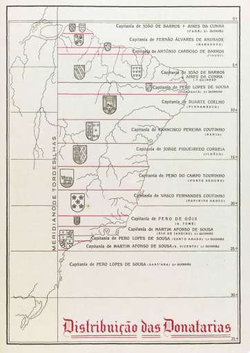 mapa mostrando a divisão das capitanias hereditárias