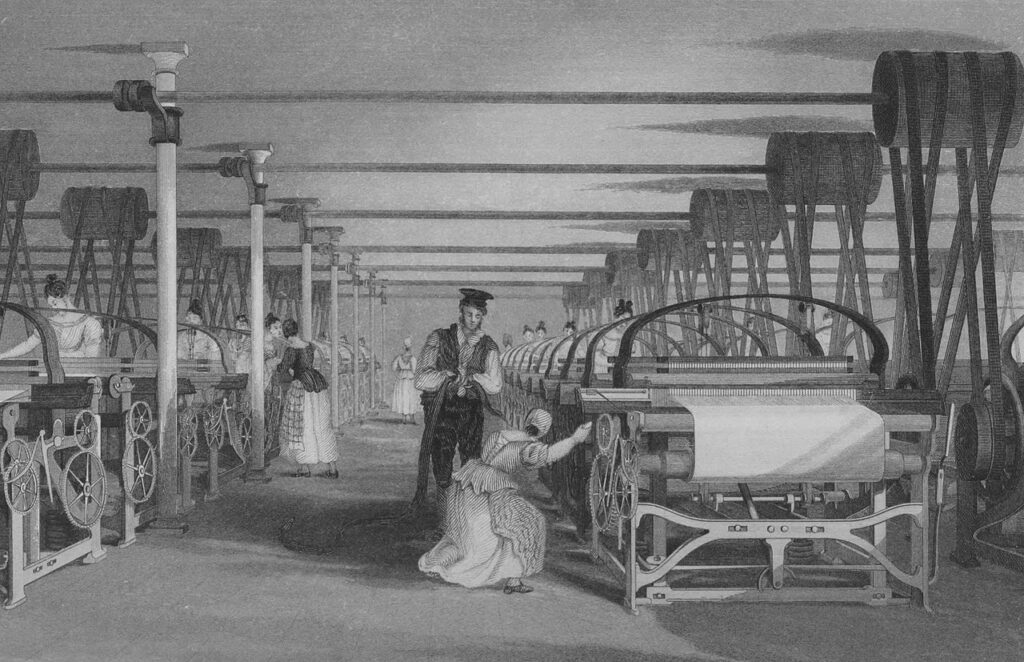 Ilustração de uma indústria têxtil no contexto da Primeira Revolução Industrial, Inglaterra.