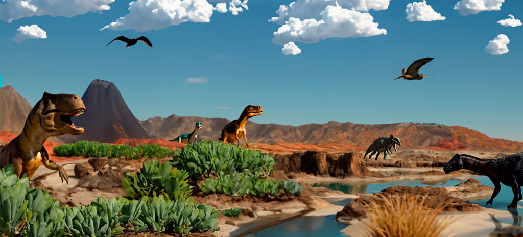 paisagem com dinossauros que remete a uma era geológica